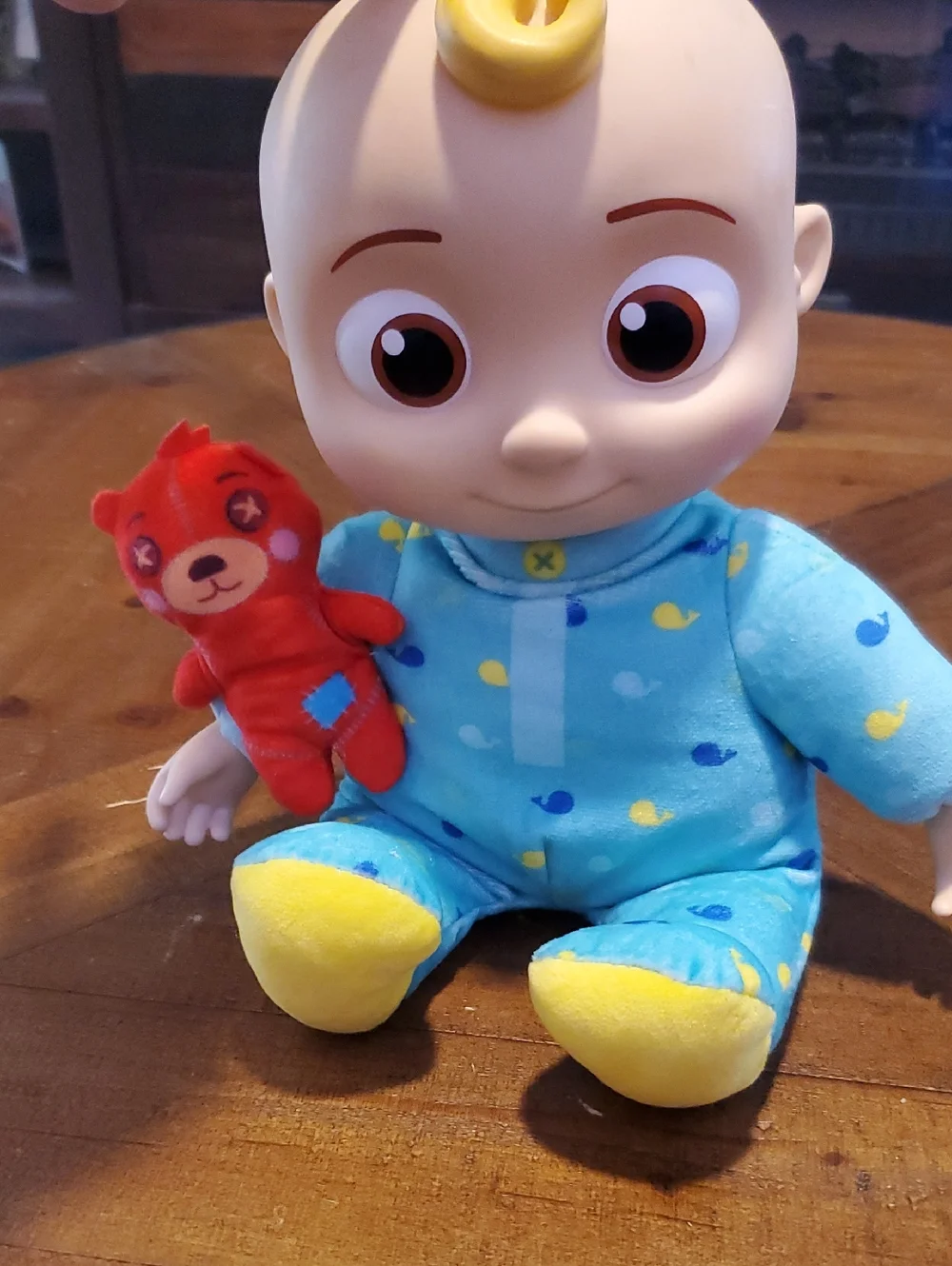 Plush Baby Doll with Blue Pajamas and Red Plush Bear